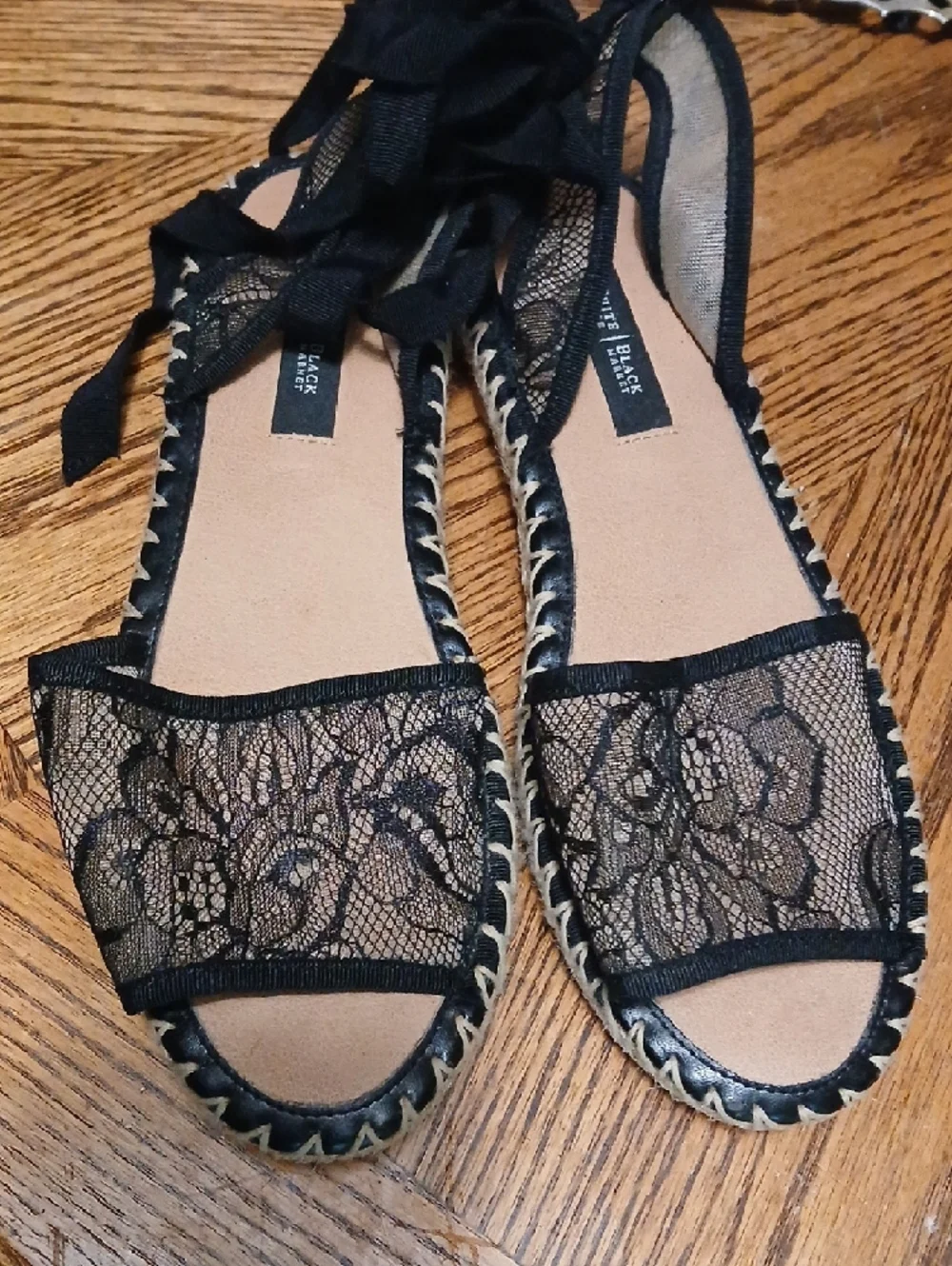 White House Black Market Black Lace Espadrille Ankle-Tie Sandals.sz.9